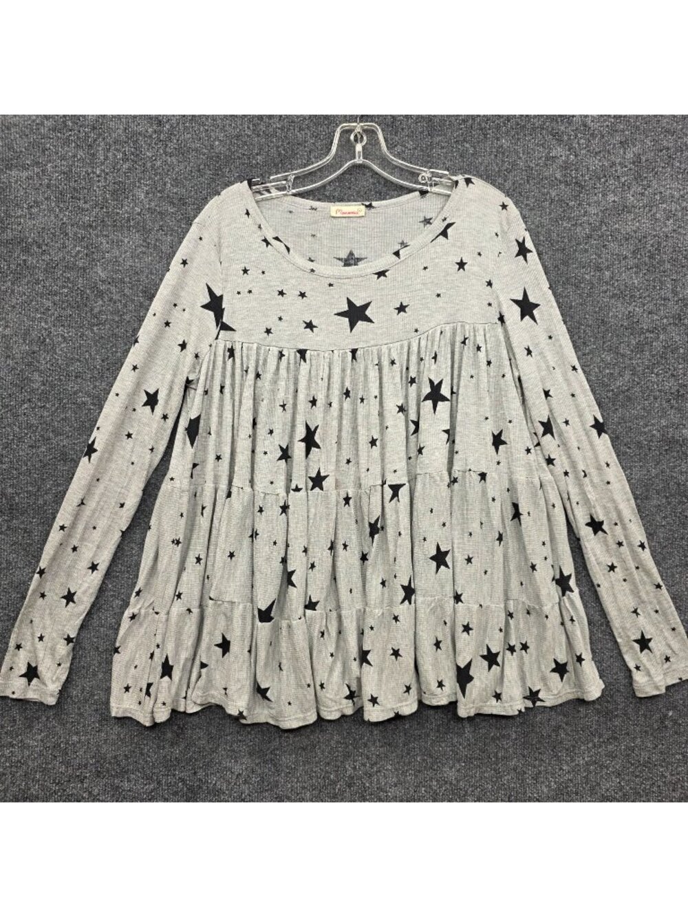 Maronie Babydoll Rib Top L Gray Stars Tiered Flowy Feminine Celestial Whimsical